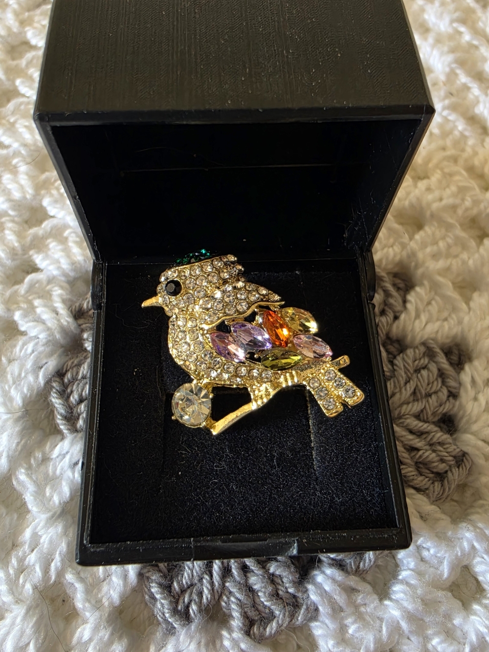 Gold Crystal Bird Brooch with Multicolor Accents